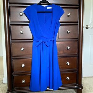 Calvin Klein Blue Short Sleeve Belted Flare Dress